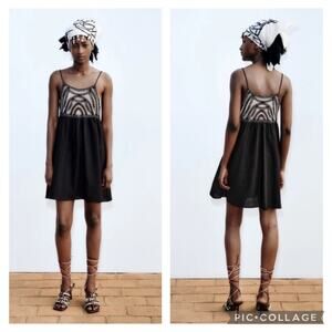 Zara black linen & cream crochet sleeveless Summer Dress XL